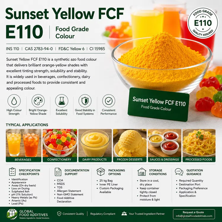 Food-grade Sunset Yellow FCF E110 colour powder for industrial food manufacturing