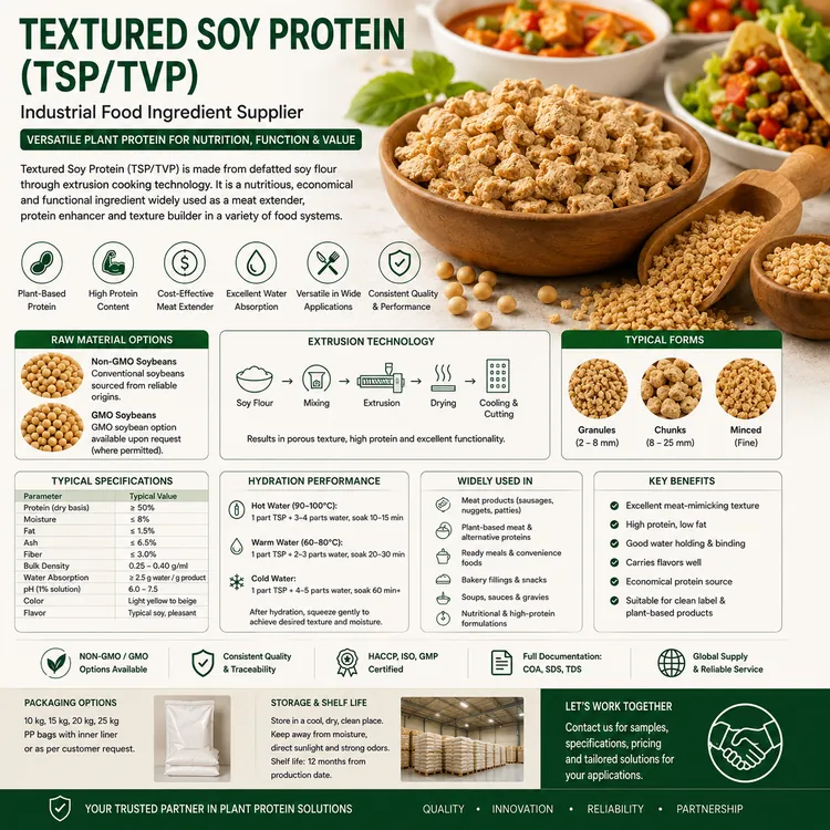 Textured Soy Protein granules and chunks for industrial food manufacturing